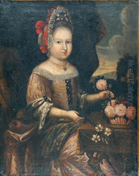 Portrait D?une Petite Fille Arrangeant Une Corbeille De Fleurs Oil Painting by Claude De Jongh