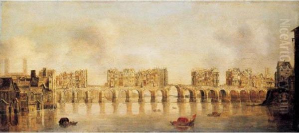 View Of Old London Bridge From The West Oil Painting by Claude De Jongh