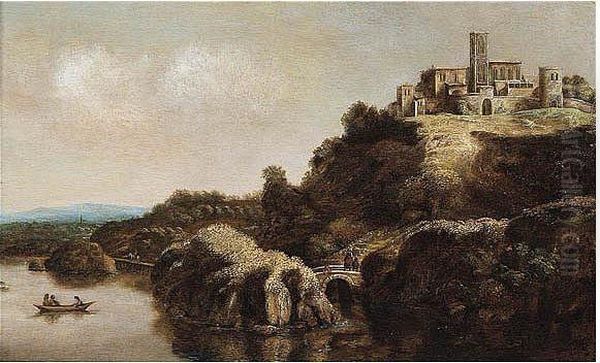 An Extensive Landscape With A Monastery Above A River Oil Painting by Claude De Jongh