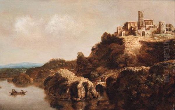 An Extensive Landscape With A Monastery Above A River Oil Painting by Claude De Jongh