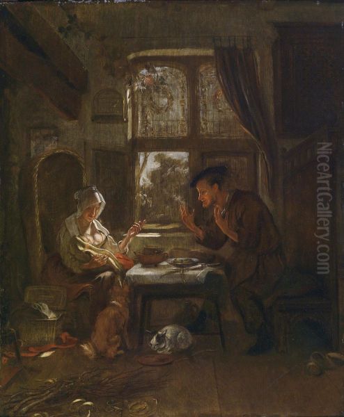 Family Scene Before An Open Window Throughwhich Sunlight Is Flooding Oil Painting by Ludolf de Jongh