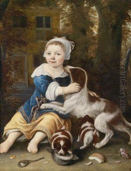 Einkleines Madchen Mit Einer Hundefamilie Vor Einem Landhaus Oil Painting by Ludolf de Jongh