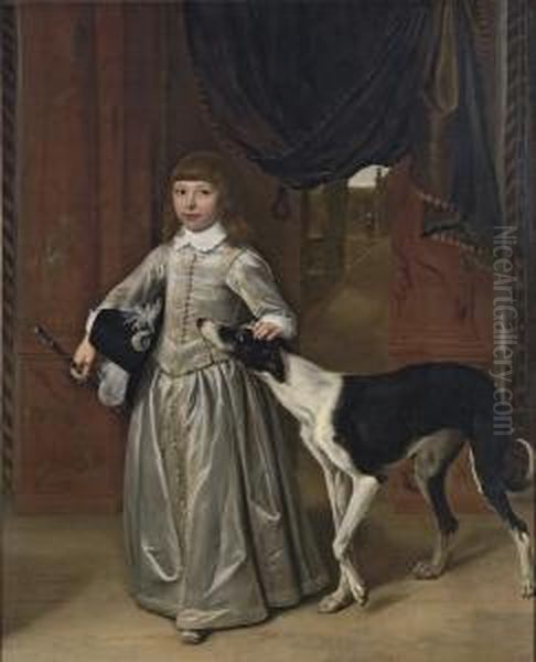 Portrait Of A Boy, Full-length, In A Gold-embroidered Grey Costumewith A Feathered Hat And A Cane, His Hand On The Head Of A Lurcher,with A Garden Seen Through The Door Behind Oil Painting by Ludolf de Jongh