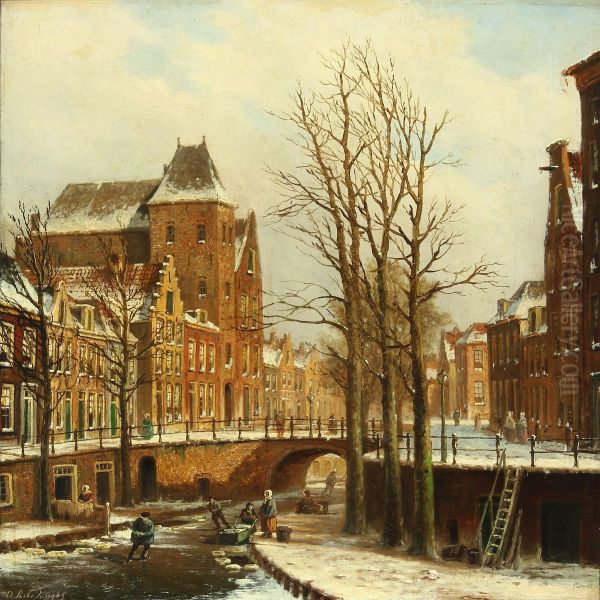 The Fortified City Castle Oudaen On The Oude Gracht In Winter, Utrecht Oil Painting by Oene Romkes De Jongh