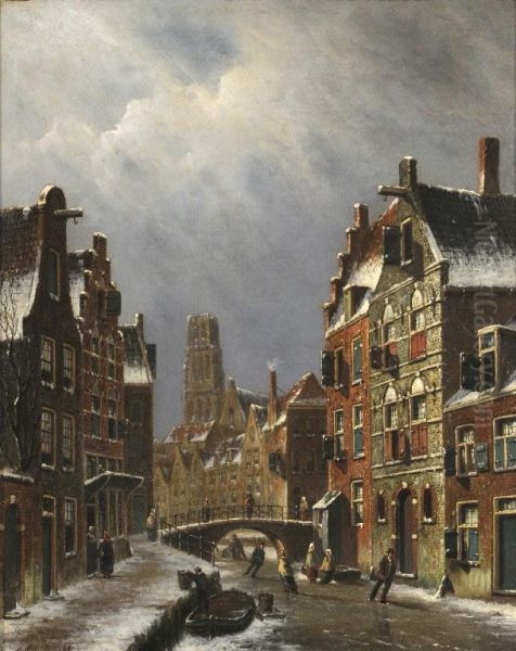 Town Scene With Skaters On A Canal Oil Painting by Oene Romkes De Jongh