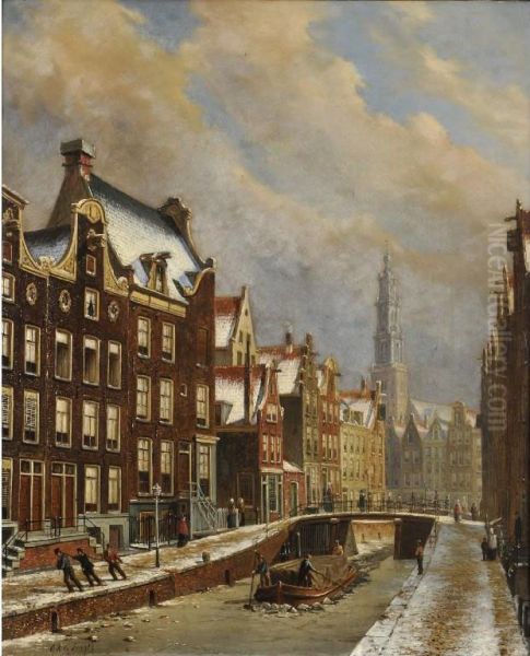 Winter Scene In Amsterdam With The Zuiderkerk Beyond Oil Painting by Oene Romkes De Jongh