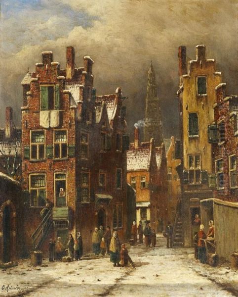 Winterliche Strassenszene In Amsterdam Oil Painting by Oene Romkes De Jongh