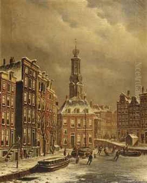 Skaters On A Frozen Canal Near The Munttoren, Amsterdam Oil Painting by Oene Romkes De Jongh