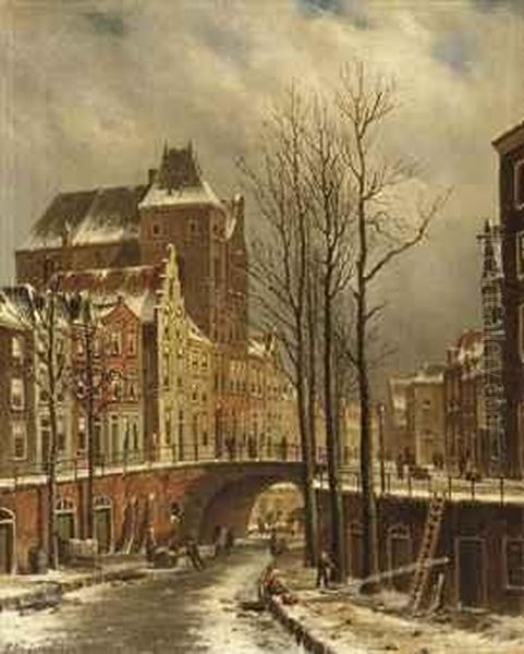 The Fortified City Castle Oudaen On The Oude Gracht In Winter,utrecht Oil Painting by Oene Romkes De Jongh