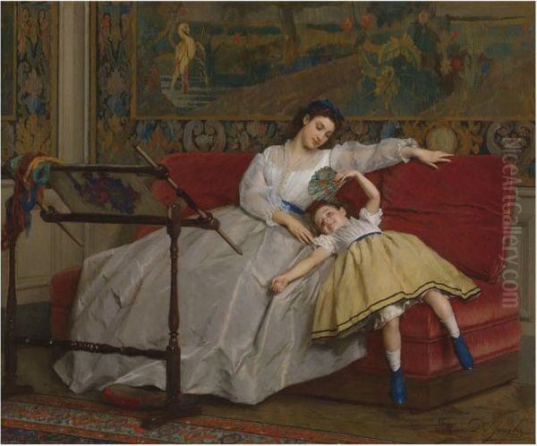 Mother With Her Young Daughter Oil Painting by Gustave Leonhard de Jonghe