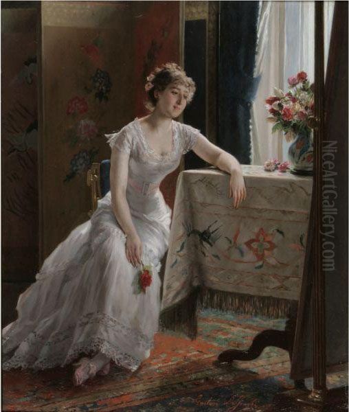 Girl With A Rose Oil Painting by Gustave Leonhard de Jonghe