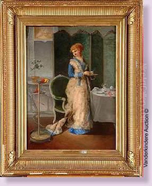 Elegante Prenant Le The Pres De Son Perroquet Oil Painting by Gustave Leonhard de Jonghe