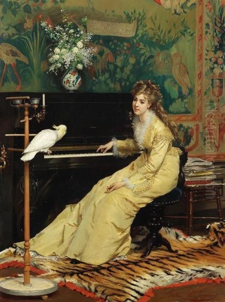 Dame Am Klavier Mit Kakadu Oil Painting by Gustave Leonhard de Jonghe