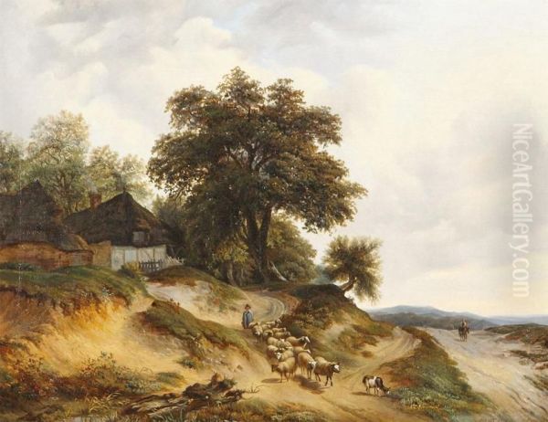 Hilly Landscape With Shepherd Near The Farmhouse. Oil Painting by Jan Baptiste de Jonghe