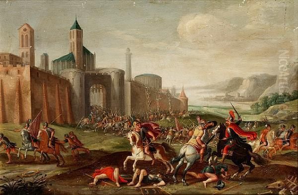 A Cavalry Battle Before A Fortified Town Oil Painting by Jan Baptiste de Jonghe