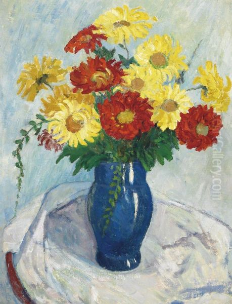 Autumn Flowers With Studio Stamp Oil Painting by Stanislawa De Karlowska