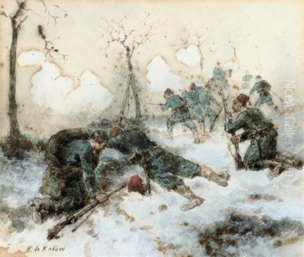 Two Scenes Of French And North African Soldiers In Thefranco-prussian War (one Illustrated) Oil Painting by Paul De Katow