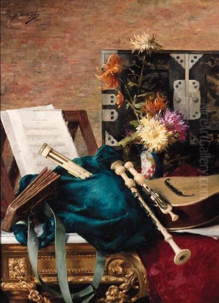 Musical Instruments And A Music Score With Flowers On A Table Oil Painting by Desire de Keghel