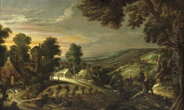 An Extensive Hilly Landscape With Farmsteads Oil Painting by Kerstiaen De Keuninck The Elder