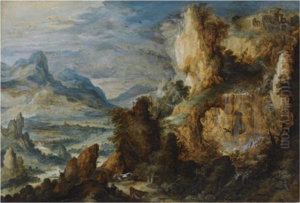 A Panoramic Mountainous Landscape, With Two Shepherds And Their Cattle Resting Along A Path In The Foreground Oil Painting by Kerstiaen De Keuninck The Elder