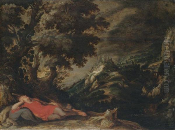 A Hillly Landscape With A Figure Resting In The Foreground, Possibly Jacob's Dream Oil Painting by Kerstiaen De Keuninck The Elder