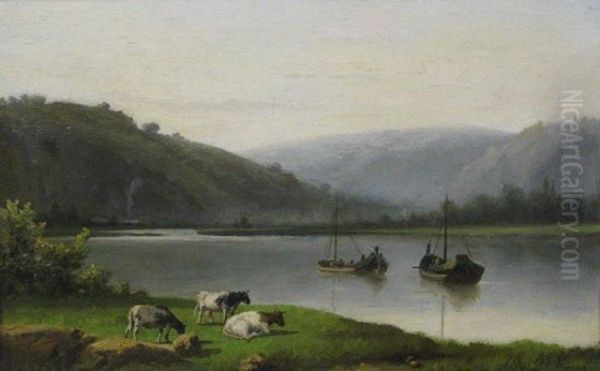 Flusslandschaft Mit Lastkahnen Oil Painting by Albert De Keyser