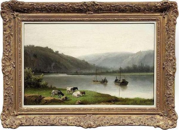 Barges On Ariver In Mountainous Landscape Oil Painting by Albert De Keyser