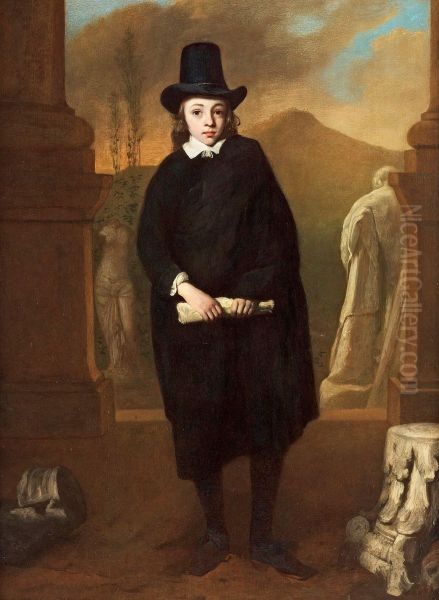 Portrait Of A Young Man, Full-length, In A Blackcostume And Har, Standing Amongst Classic Sculptures Oil Painting by Thomas De Keyser