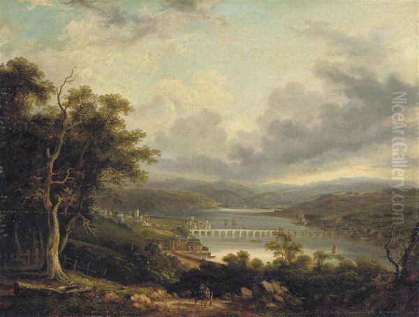 A River Landscape With A Town By A Bridge Oil Painting by Willem De Klerk