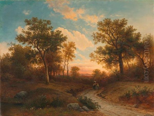 Forest Landscape At Sunset With Mother And Child Oil Painting by Willem De Klerk