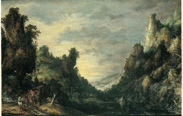 Paysage De Montagne Avec Une Carriole De Voyageurs Oil Painting by David de Koninck