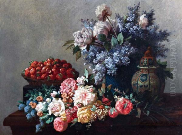 Stilleven Met Rozen, Seringen, Aarbeien En Chinese Dekselvaas Oil Painting by Edmond De Koninck