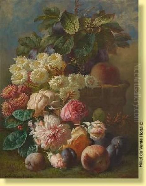 Composition Au Panier De Fleurs Et De Fruits Oil Painting by Edmond De Koninck