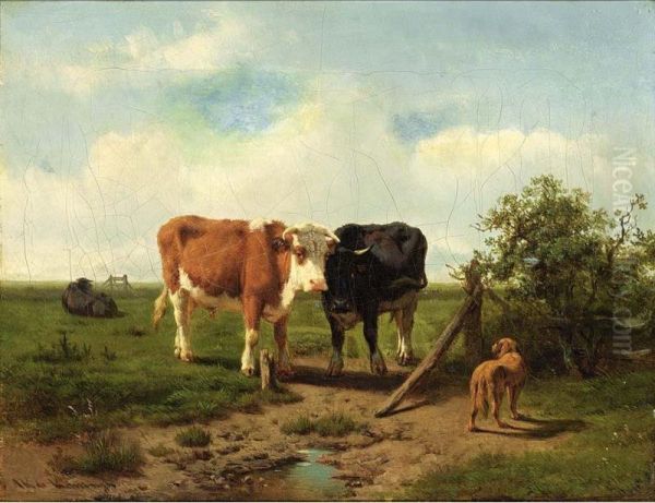 Three Cows And A Dog In A Meadow Oil Painting by Arie Ketting De Koningh