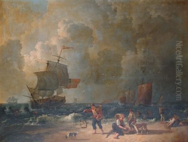 Figures Cockling On A Beach With Boats In A Storm Beyond Oil Painting by Leendert, De Koningh Jnr.