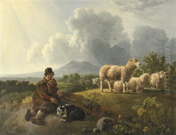 A Shepherd And His Flock Resting In A Summer Landscape Oil Painting by Leendert de Koningh