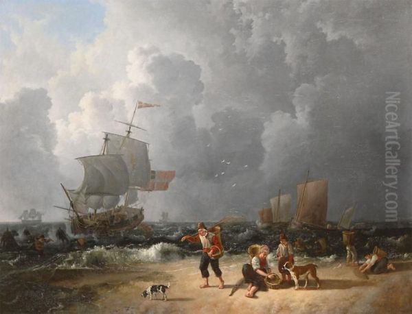 Shrimpers At The Beach With Threemaster And Yachts Oil Painting by Leendert de Koningh