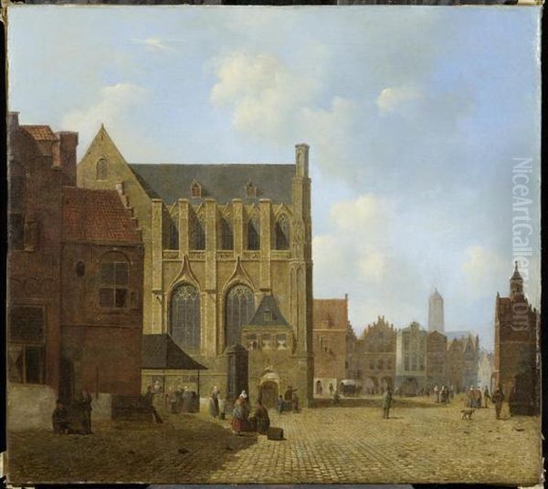 The Village Square With A View On The Church In Nymwegen Oil Painting by Cornelis De Kruijff