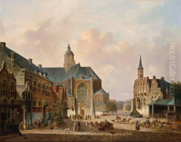 A Busy Day On A Town Square Oil Painting by Cornelis De Kruijff