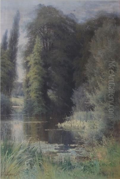 'summer Sun And Shade On The Lake At Kew', 'g. M. De L'aubiniere 1895' And Titled On Label Verso Oil Painting by Georgina M. Steple De L'Aubiniere