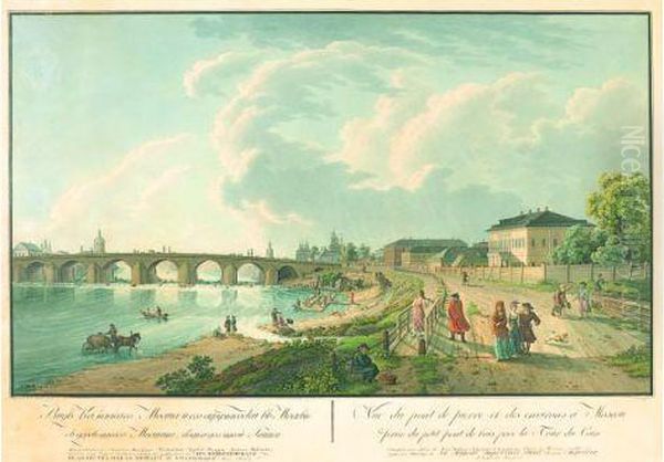 Vue Du Pont De Pierre Et Des Environs A Moscou, Prixe Du Petit Pont De Bois Pres De La Tour Du Coin - Vue Que L'on Decouvre De La Terrasse Du Palais Imperial, De Colomenski, Lieu De Naissance De Sa Majeste Pierre Premier. Oil Painting by Guerard, Gerard De La Barthe