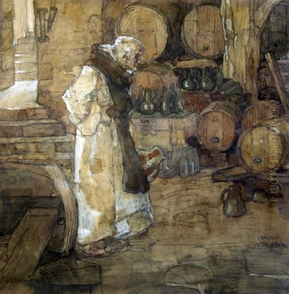 Monk In A Wine Cellar Oil Painting by Stephen Baghot de la Bere