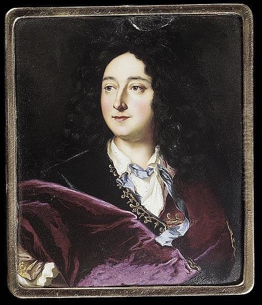 A Nobleman, Wearing Burgundy Cloak Over Black Coat Trimmed With Gold Braid, A Blue Ribbon Threaded Through His White Shirt Collar, Full-bottomed Black Curled Wig (restored) Oil Painting by Alexandre De La Chana