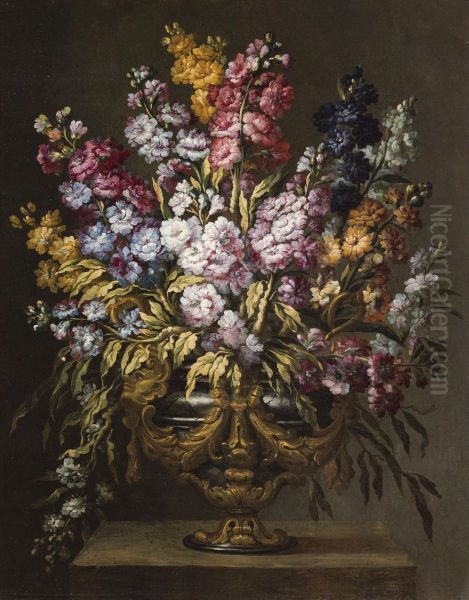 A Pair Of Still Lifes Of Flowers In Elaborate Gilt Urns, Each On A Stone Pedestal Oil Painting by Gabriel De La Corte