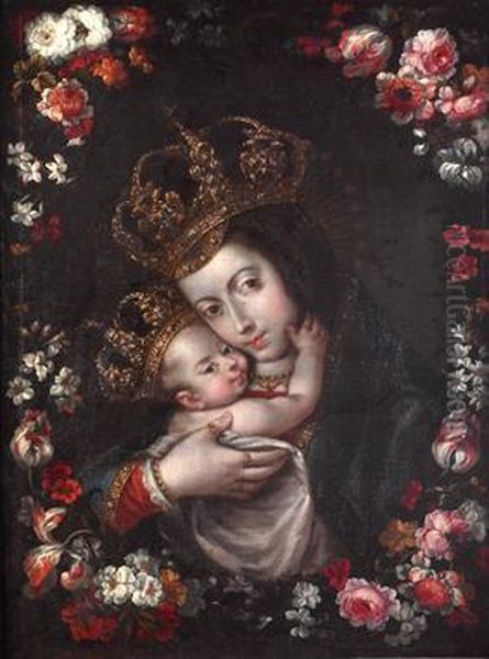 Virgen De Belen En Guirnalda Floral Oil Painting by Gabriel De La Corte