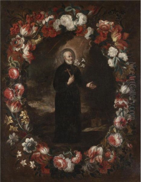 Saint Francis Xavier Surrounded By A Garland Of Flowers Oil Painting by Gabriel De La Corte