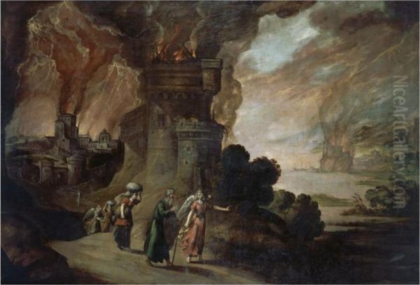 Lot And His Daughters Escaping From The Destruction Of Sodom Andgomorrah Oil Painting by Juan De La Corte