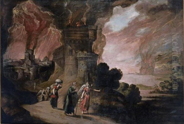 Lot And His Daughters Escaping From The Destruction Of Sodom And Gomorrah Oil Painting by Juan De La Corte