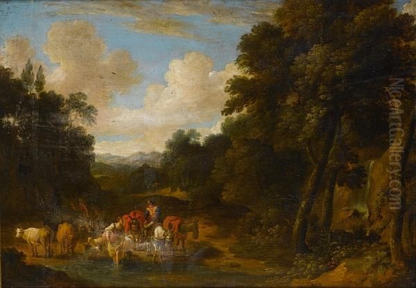 A Wooded Landscape With A Horseman And Shepherdess Fording A Stream Oil Painting by Martinus De La Court