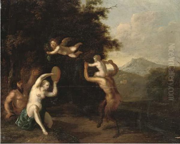 A Wooded Landscape With Satyrs And A Nymph Dancing Oil Painting by Martinus De La Court